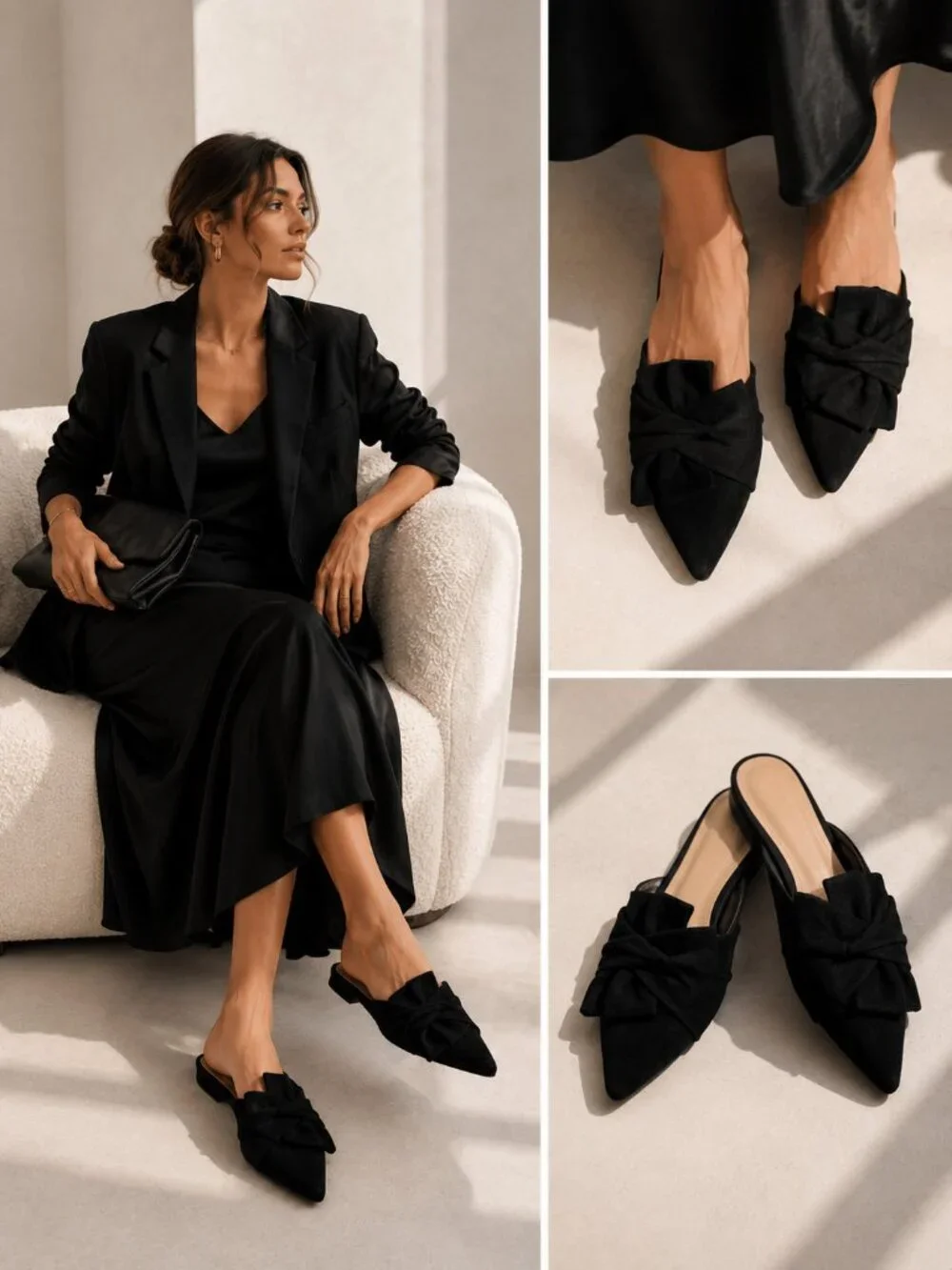 Schutz Black Suede Bow Pointed Toe Mule Flats Women’s Size 8.5B Leather